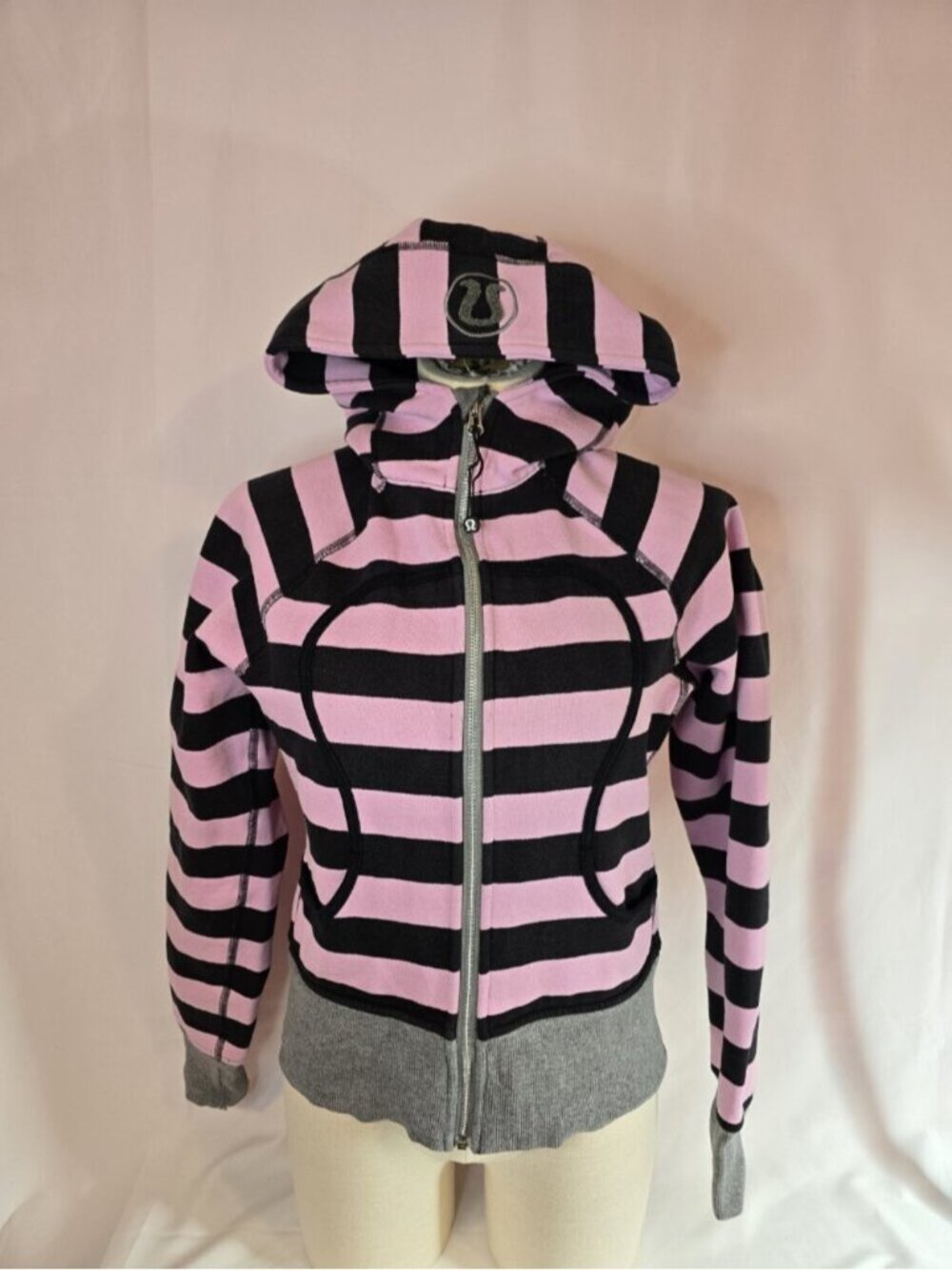 Lululemon RARE Scuba Hoodie OG Pink/Black Striped Size 6 Emo Princess Y2K